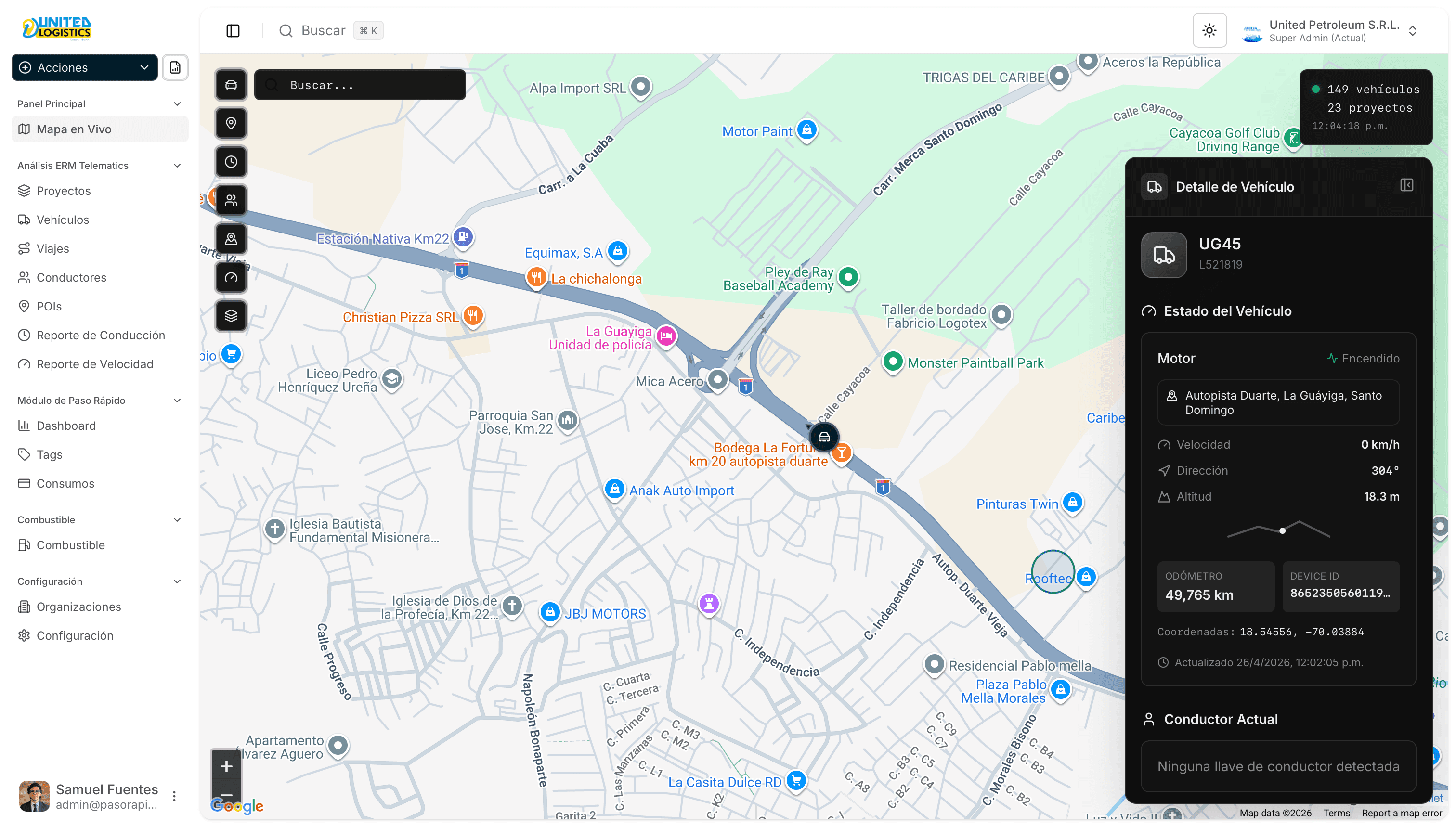 Mapa de flota en tiempo real en la plataforma de United Logistics